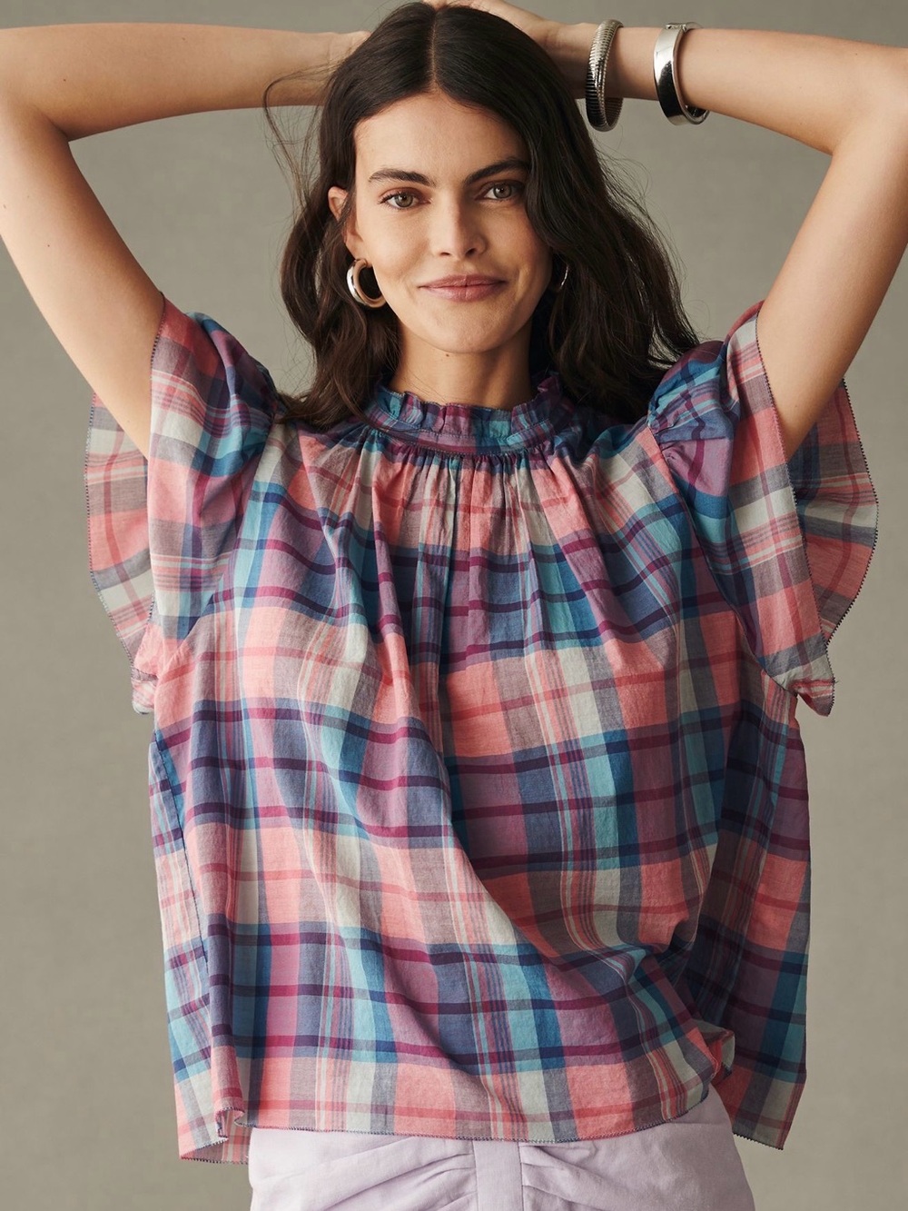 Anthropologie Birds of Paradis by Trovata Carla Linen Blouse en Sorbetto Plaid